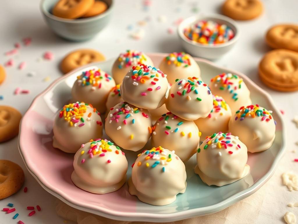 Funfetti cookie dough truffles covered in white chocolate and rainbow sprinkles, arranged on a pastel pink and blue plate. The no-bake truffles are surrounded by round sugar cookies and bowls of colorful sprinkles, creating a festive dessert display on a white background.